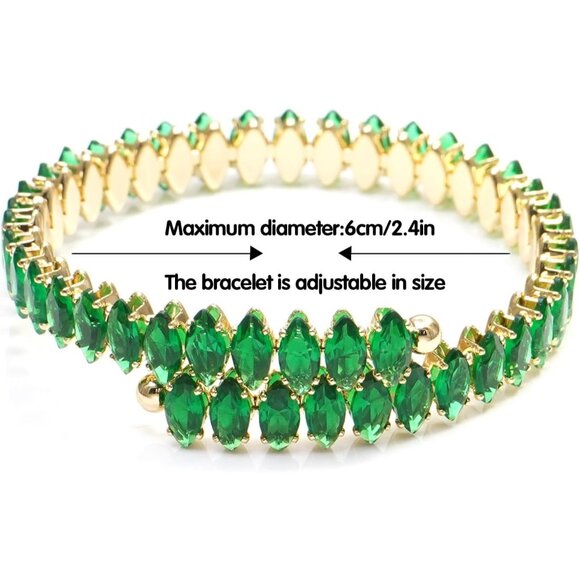 Gold Green Rhinestone Cuff Bracelet Cubic Zirconia Tennis Bracelets for Women - Picture 7 of 7